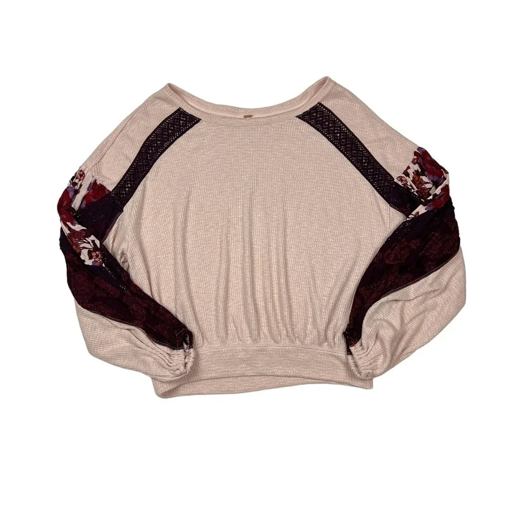 Free People Pink Waffle Knit Long Puff Sleeve Casual Clash Top